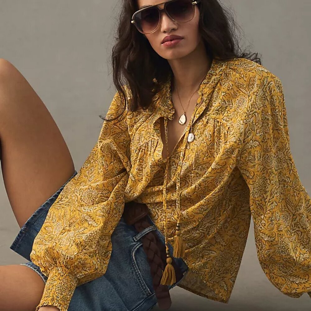 Anthropologie Mustard Flora Paisley Print Tunic Blouse Size Medium Boho Chic 70s